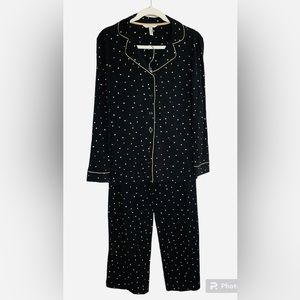 SOMA Pajama Set Small Polka Dot Black Gold Pants Long Sleeve Notch Collar PJs